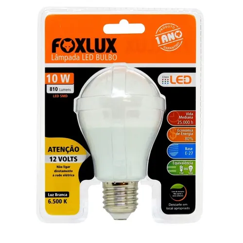Lampada Led Bulbo A60 10W 6500K 12V E27 Foxlux